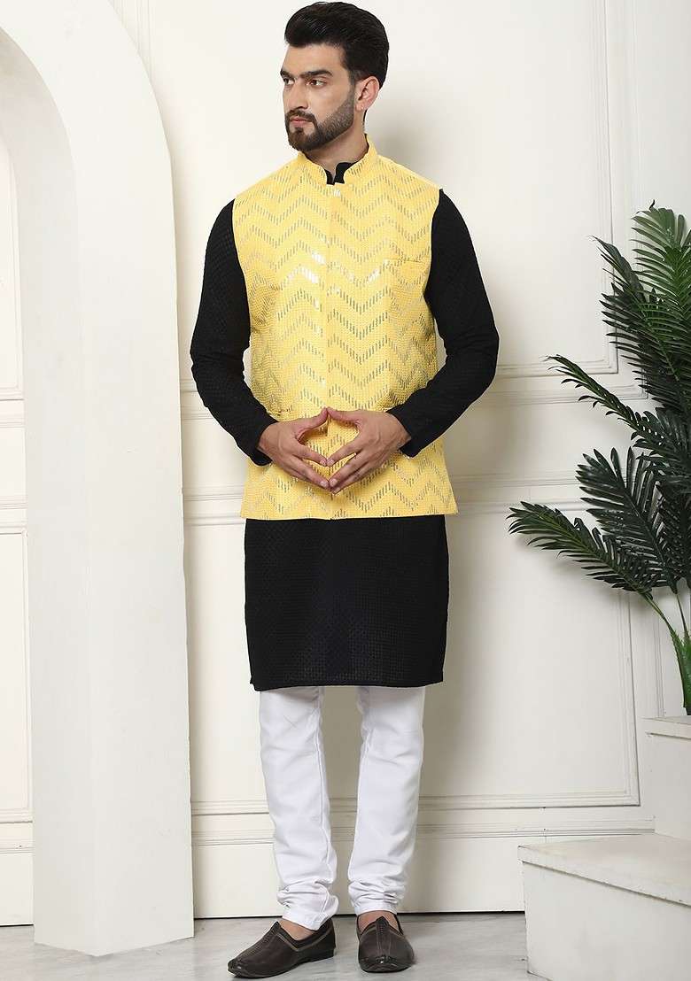 Black Solid Cotton Kurta Set For Men - Indya