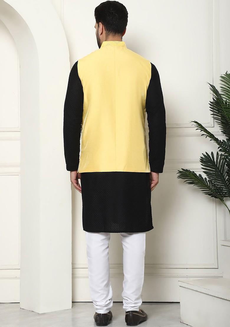 Black Solid Cotton Kurta Set For Men
