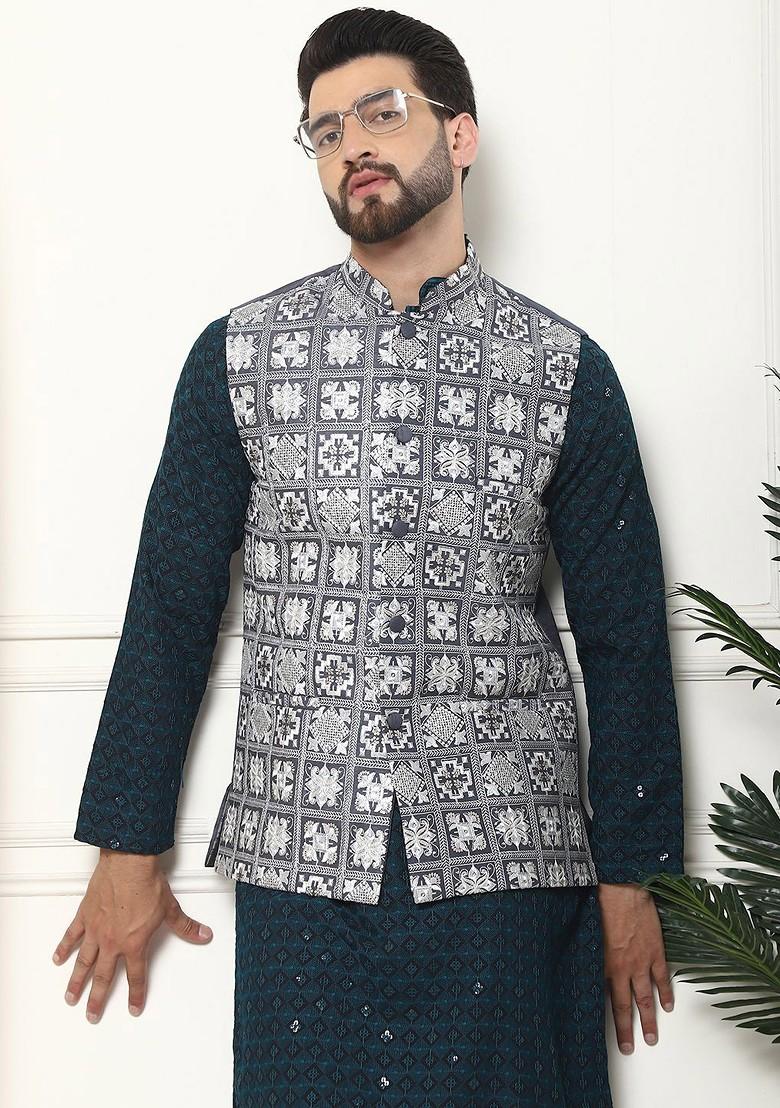 Teal Blue Embroidered Cotton Kurta Set For Men