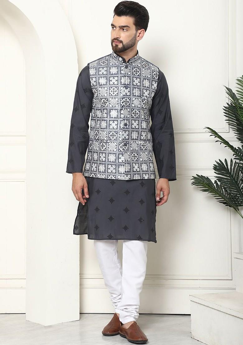 Grey Thread Work Poly Blend Kurta Set For Men