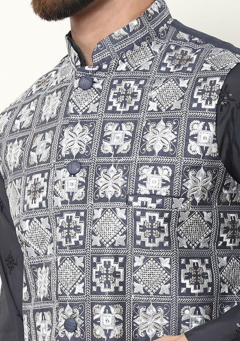 Grey Thread Work Poly Blend Kurta Set For Men