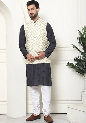 Grey Thread Work Cotton Kurta Set For Men