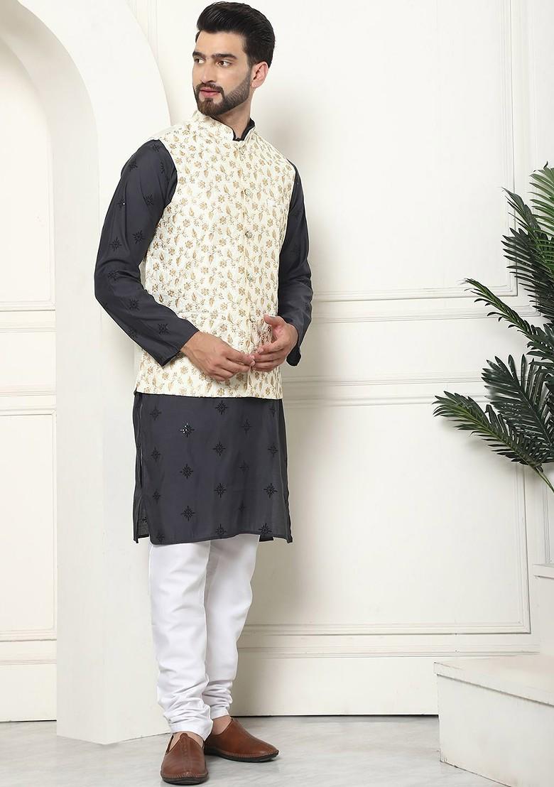 Grey Thread Work Cotton Kurta Set For Men