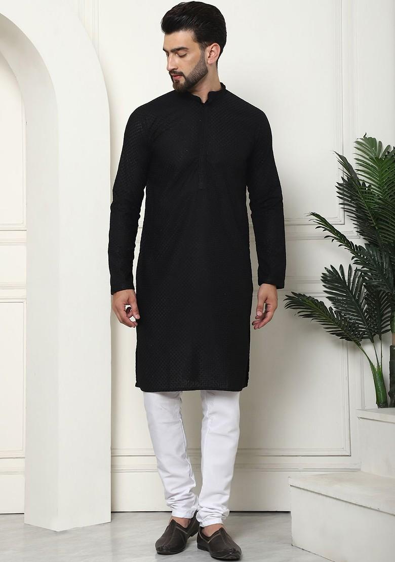 Black Solid Cotton Kurta Set For Men
