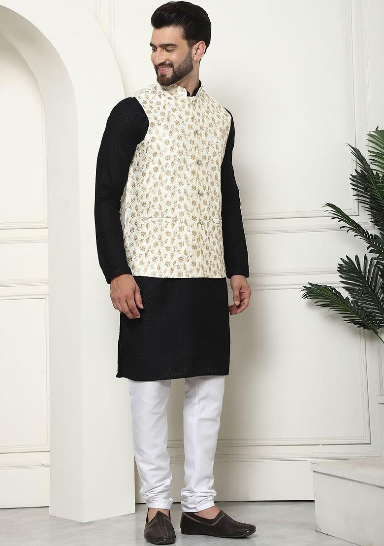 Black Solid Cotton Kurta Set For Men