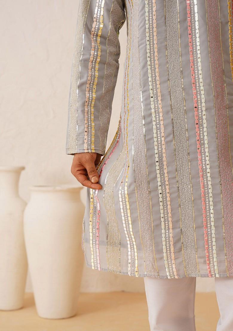 Grey Embroidered Poly Blend Kurta Set For Men
