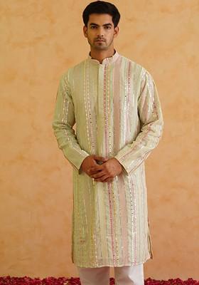 Lime Green Embroidered Poly Blend Kurta Set For Men