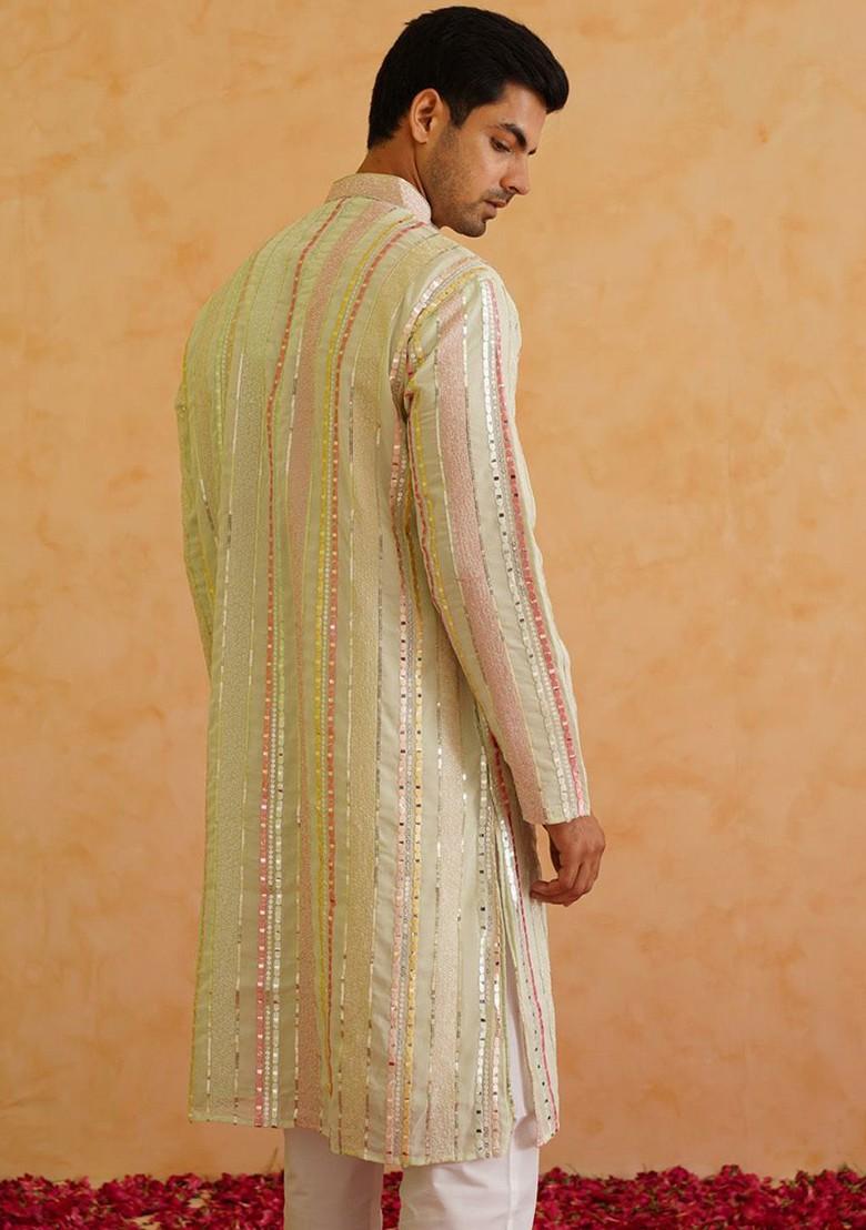 Lime Green Embroidered Poly Blend Kurta Set For Men
