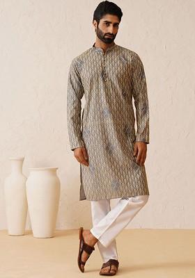 Grey Thread Work Cotton Kurta Set For Men