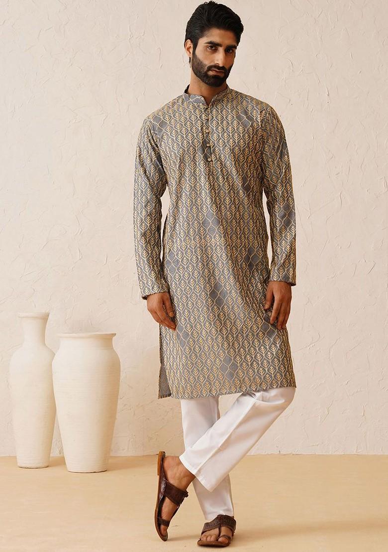 Grey Thread Work Cotton Kurta Set For Men
