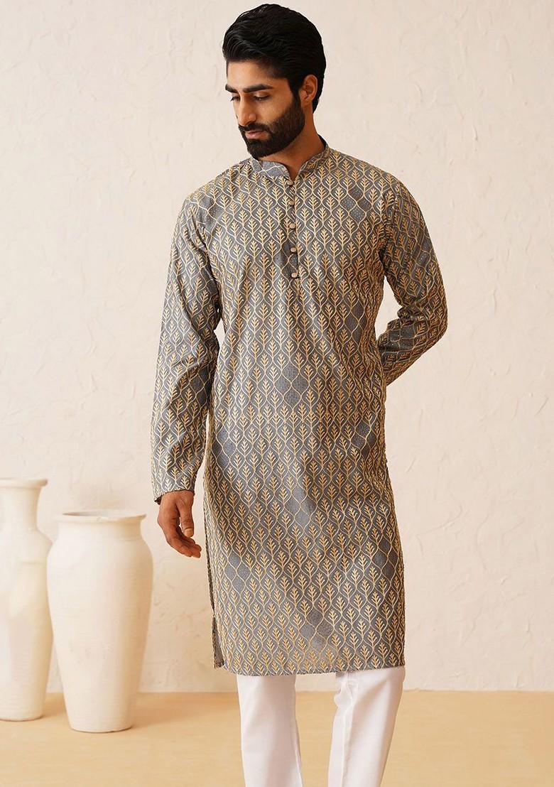 Grey Thread Work Cotton Kurta Set For Men
