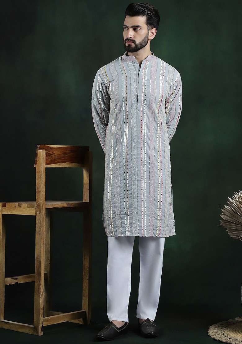 Grey Embroidered Poly Blend Kurta Set For Men - Indya