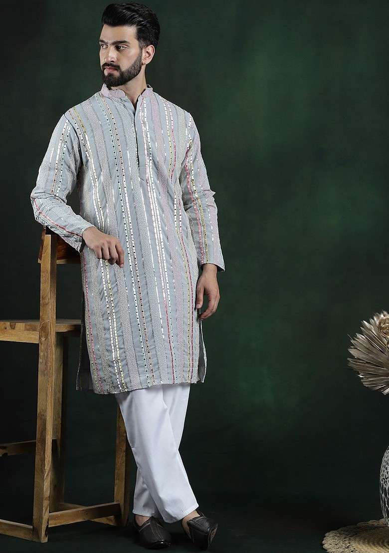 Grey Embroidered Poly Blend Kurta Set For Men - Indya