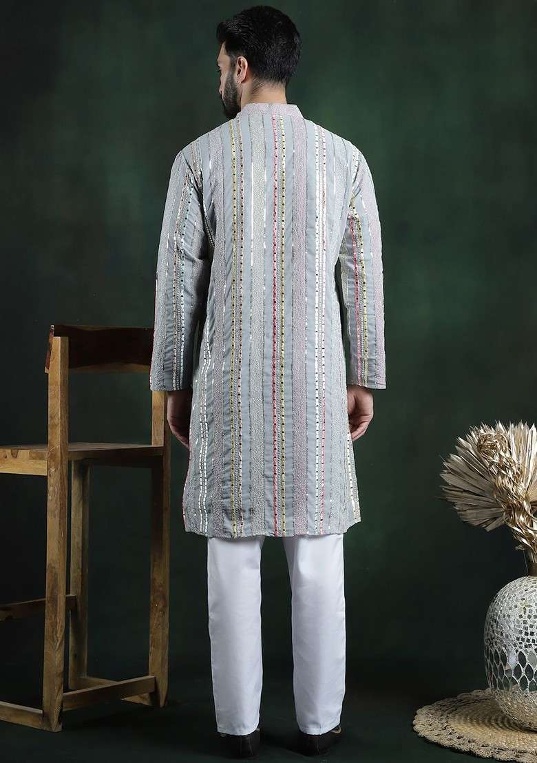 Grey Embroidered Poly Blend Kurta Set For Men - Indya