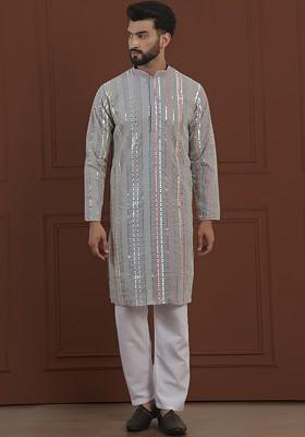 Grey Striped Poly Blend Kurta Set For Men