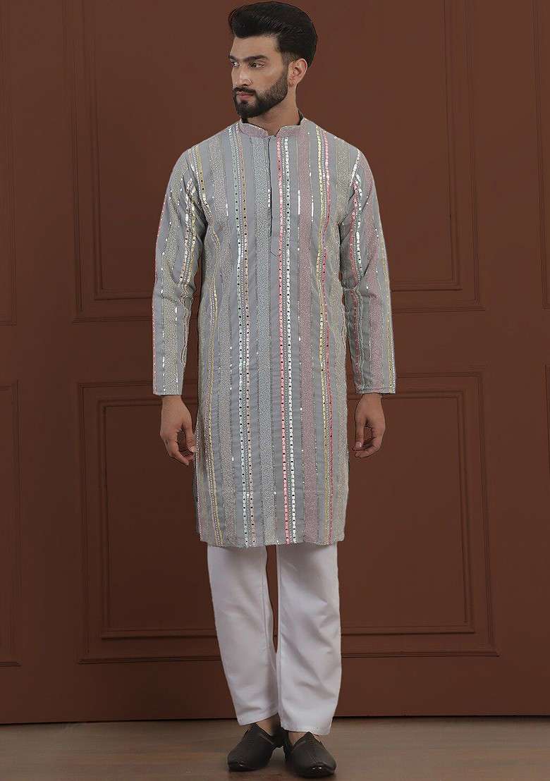Grey Striped Poly Blend Kurta Set For Men - Indya