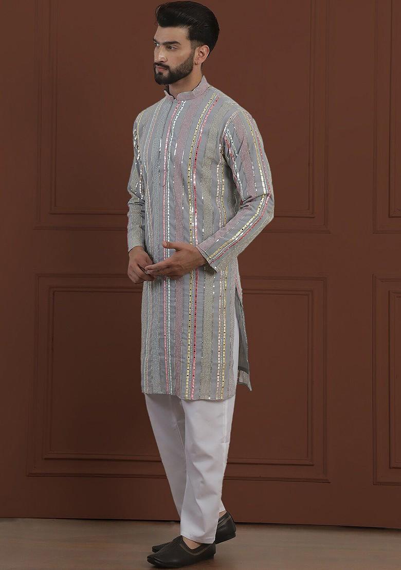 Grey Striped Poly Blend Kurta Set For Men