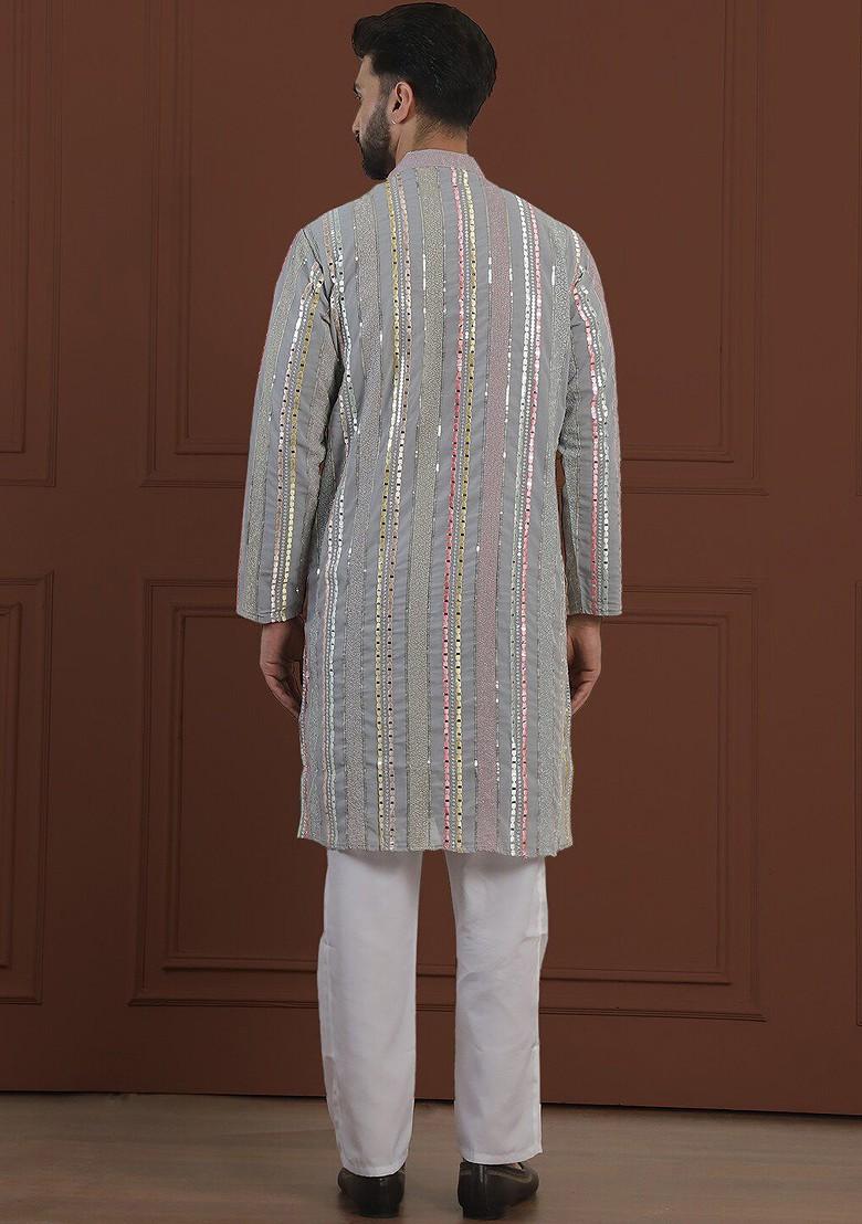 Grey Striped Poly Blend Kurta Set For Men
