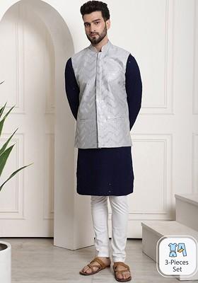 Navy Blue Embroidered Cotton Kurta Set For Men