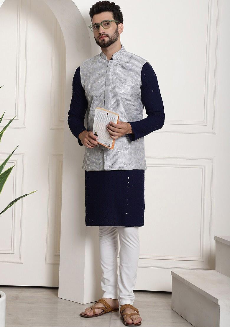 Navy Blue Embroidered Cotton Kurta Set For Men