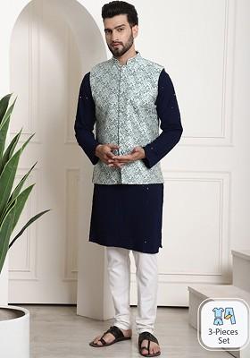 Navy Blue Embroidered Cotton Kurta Set For Men