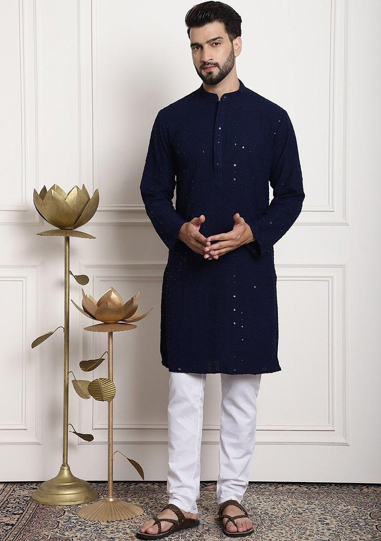 Navy Blue Embroidered Cotton Kurta Set For Men