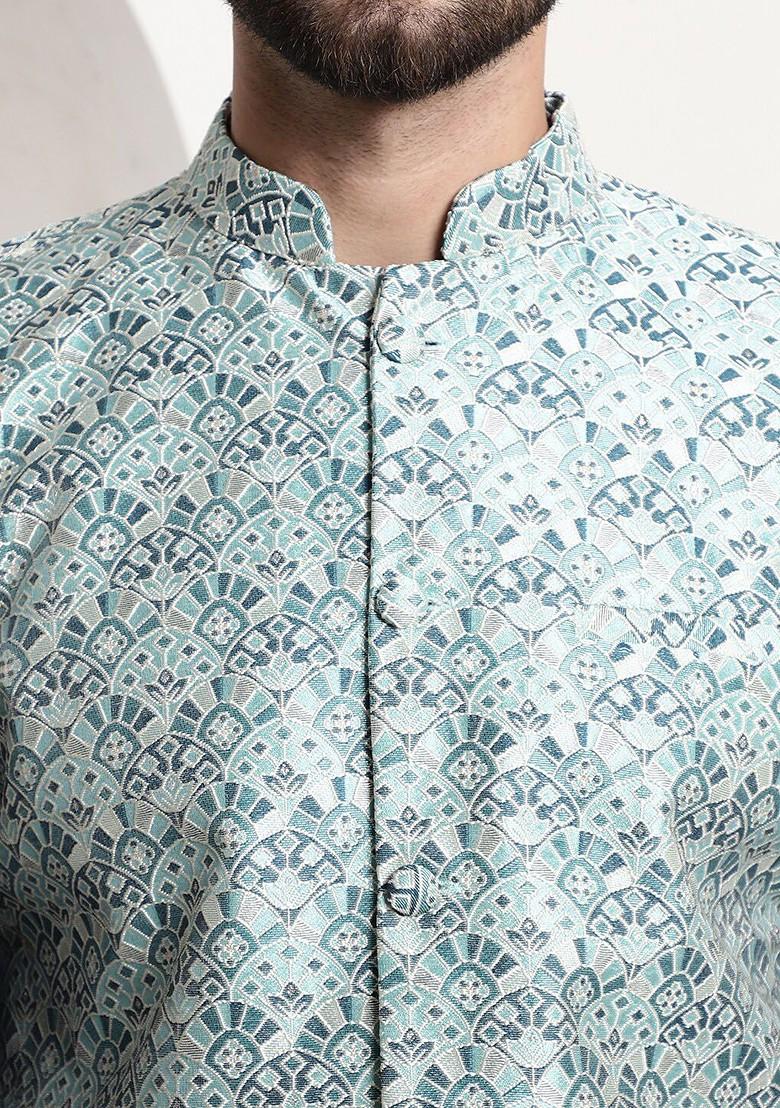 Navy Blue Embroidered Cotton Kurta Set For Men