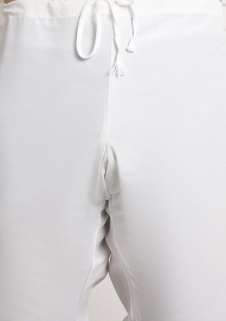 Cream Embroidered Poly Blend Kurta Set For Men