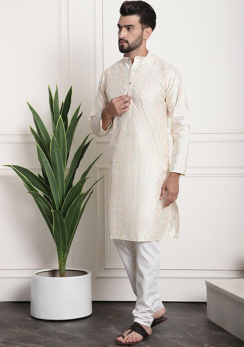 Cream Embroidered Poly Blend Kurta Set For Men