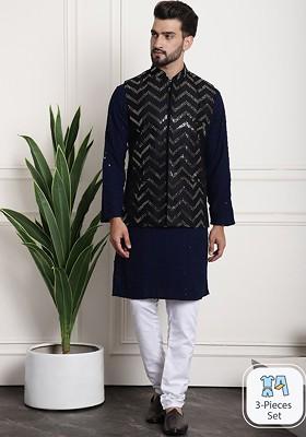 Navy Blue Embroidered Cotton Kurta Set For Men