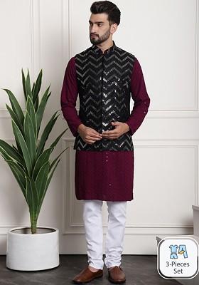 Purple Embroidered Cotton Kurta Set For Men