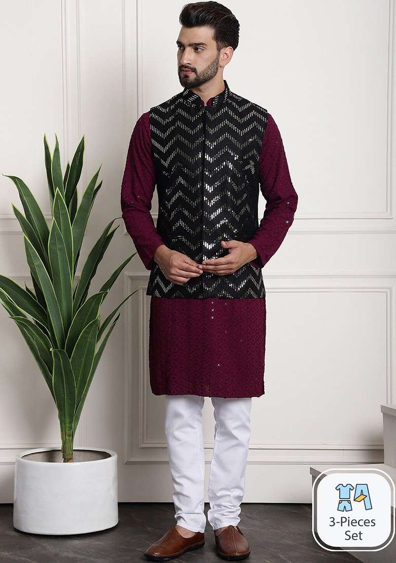 Purple Embroidered Cotton Kurta Set For Men - Indya