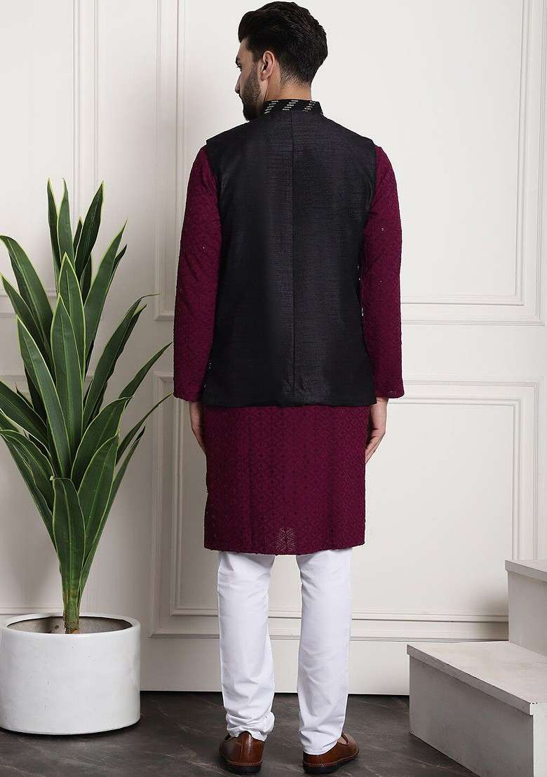 Purple Embroidered Cotton Kurta Set For Men - Indya