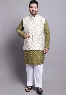 Olive Thread Work Poly Blend Kurta Set For Men