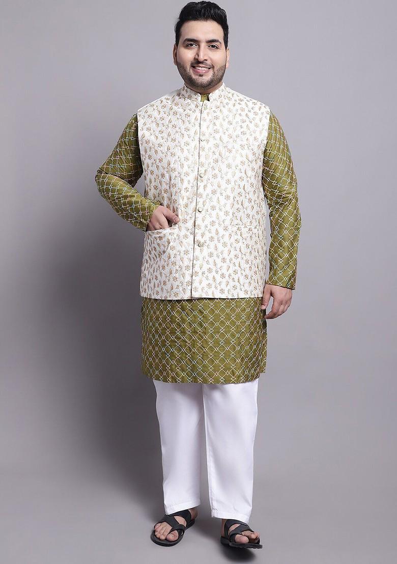 Olive Thread Work Poly Blend Kurta Set For Men