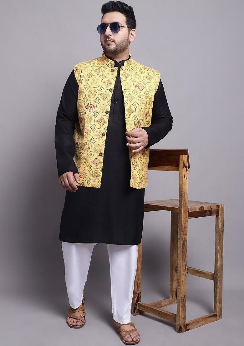 Black Printed Poly Blend Kurta Set For Men
