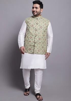 White Printed Silk Kurta Set For Men