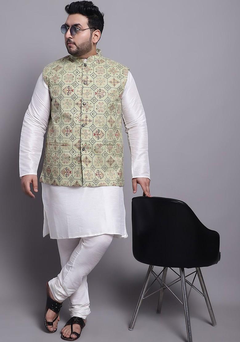 White Printed Silk Kurta Set For Men