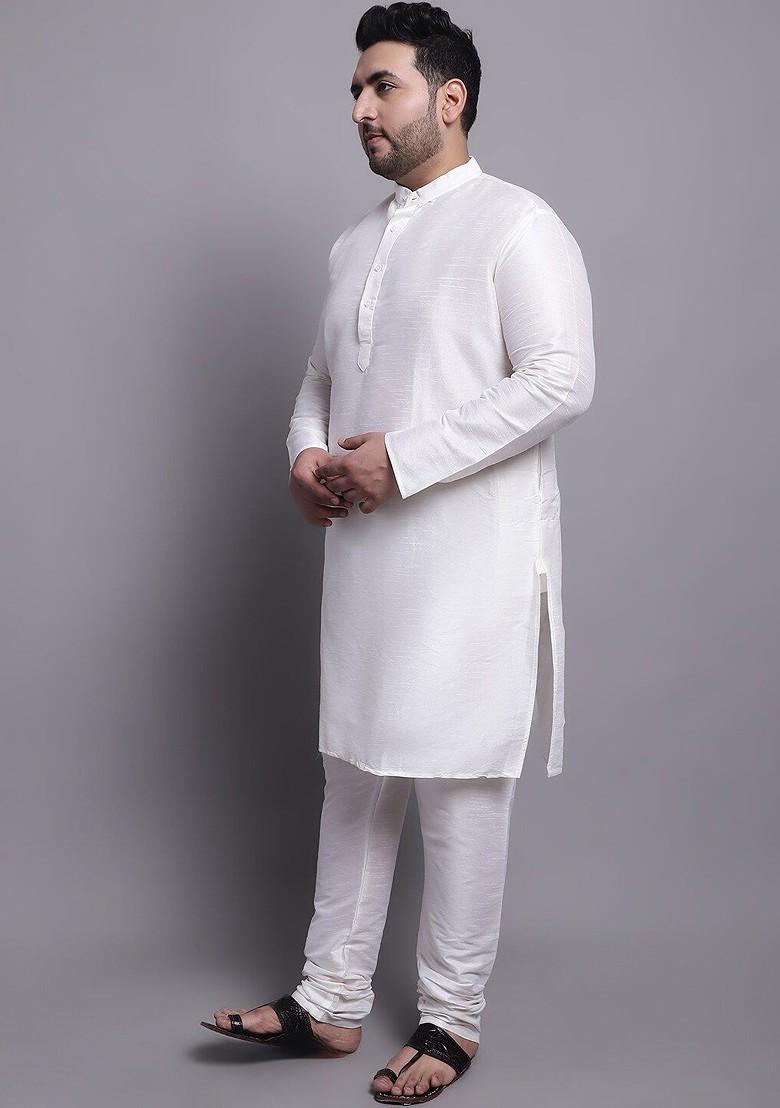 White Printed Silk Kurta Set For Men
