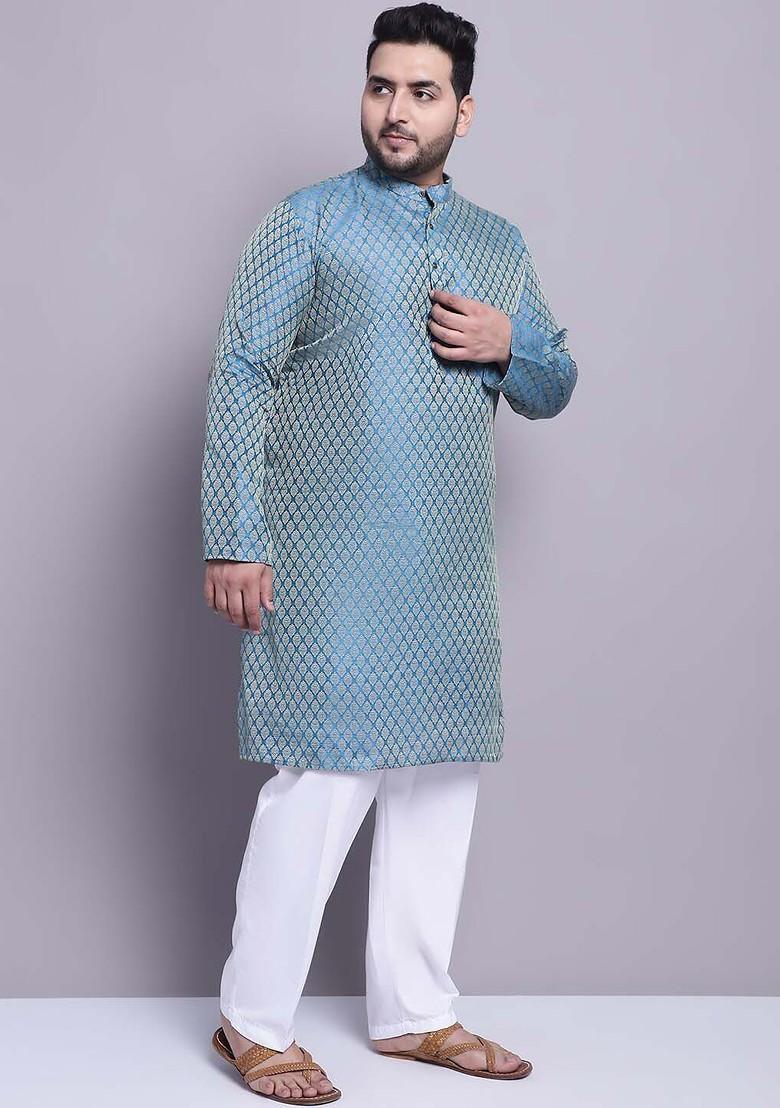 Blue Woven Poly Blend Kurta Set For Men