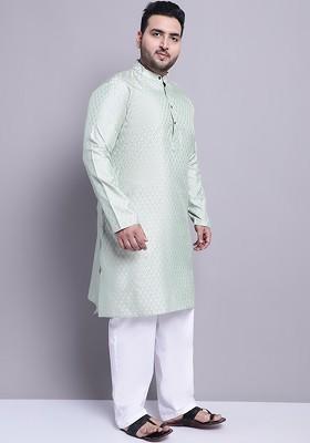 Green Woven Poly Blend Kurta Set For Men
