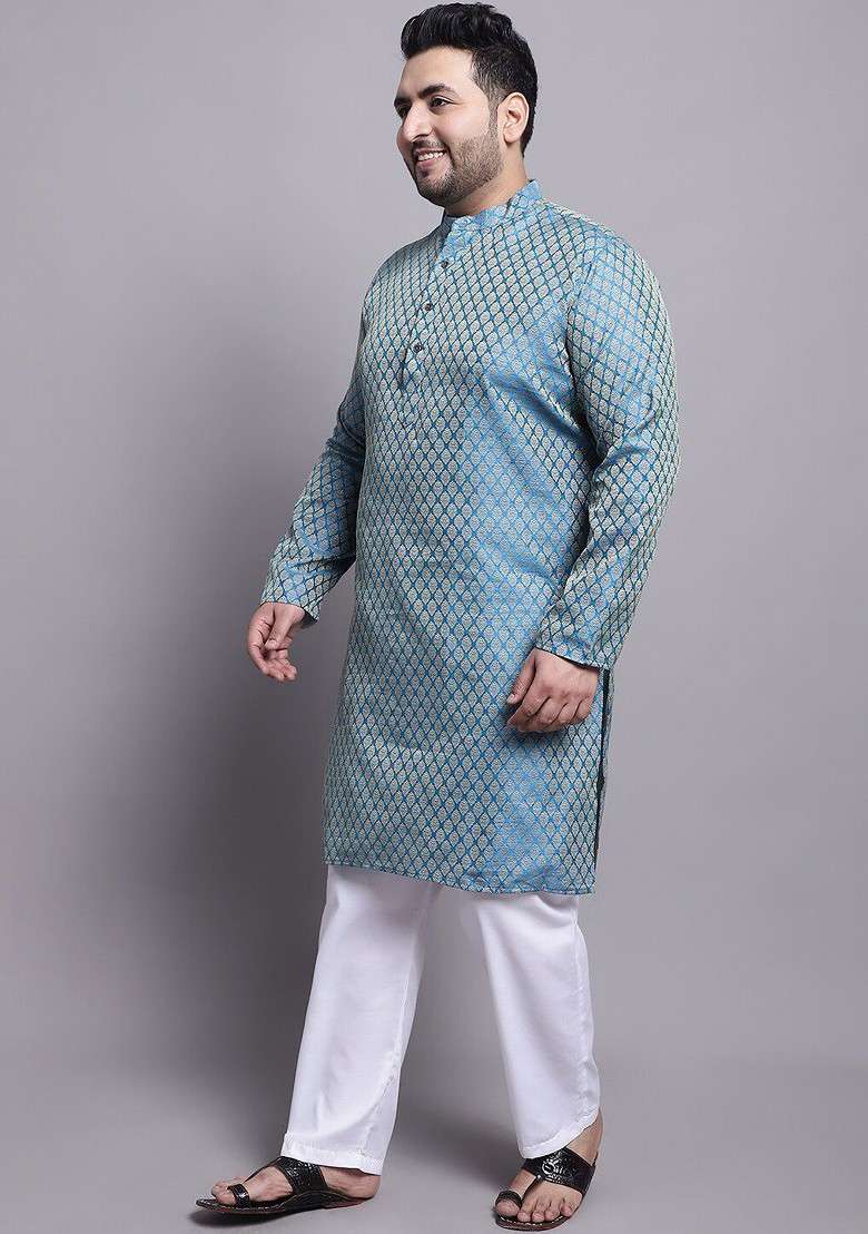 Blue Woven Poly Blend Kurta Set For Men - Indya