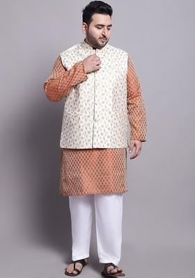 Orange Ethnic Motifs Poly Blend Kurta Set For Men