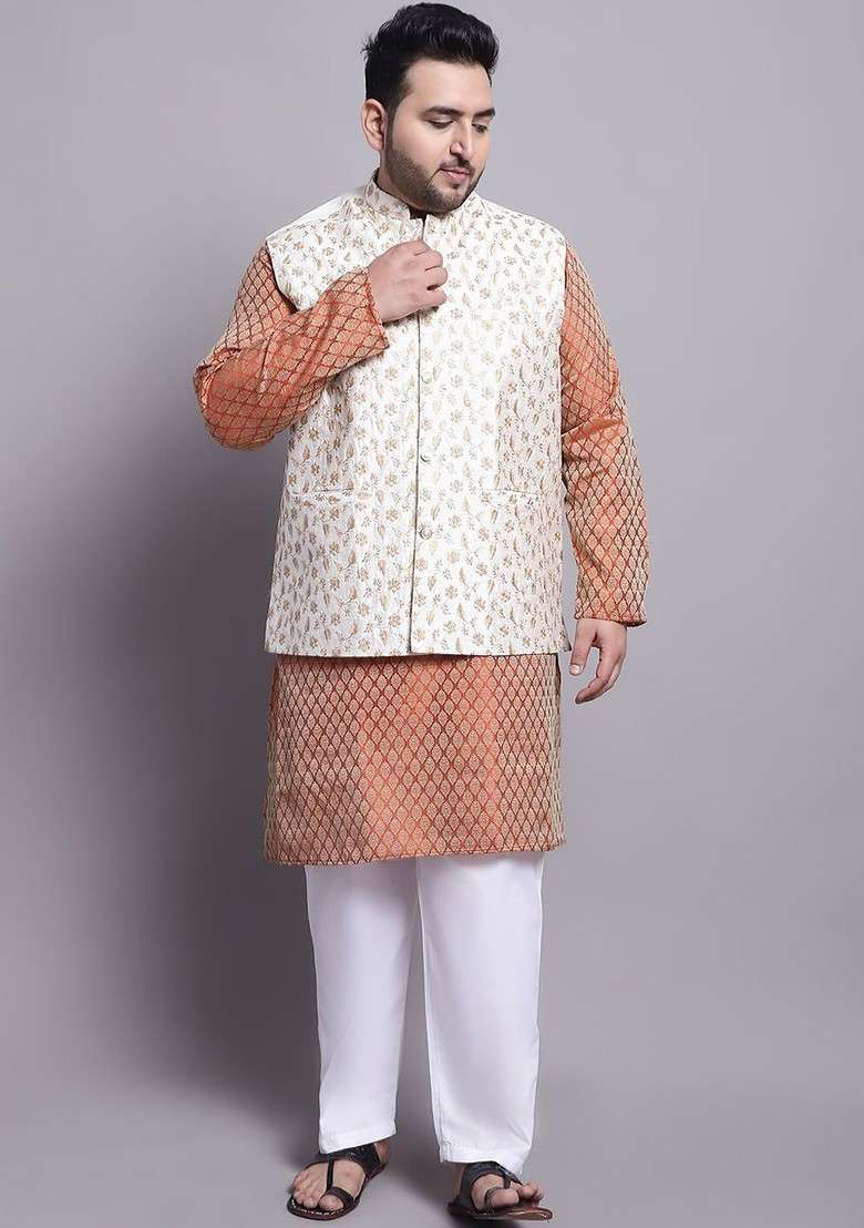 Orange Ethnic Motifs Poly Blend Kurta Set For Men - Indya