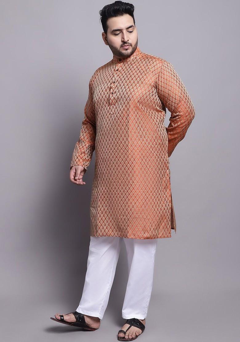 Orange Ethnic Motifs Poly Blend Kurta Set For Men