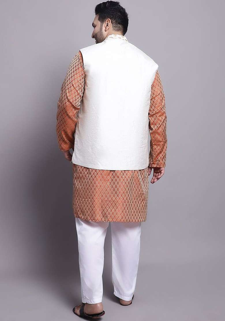 Orange Ethnic Motifs Poly Blend Kurta Set For Men - Indya
