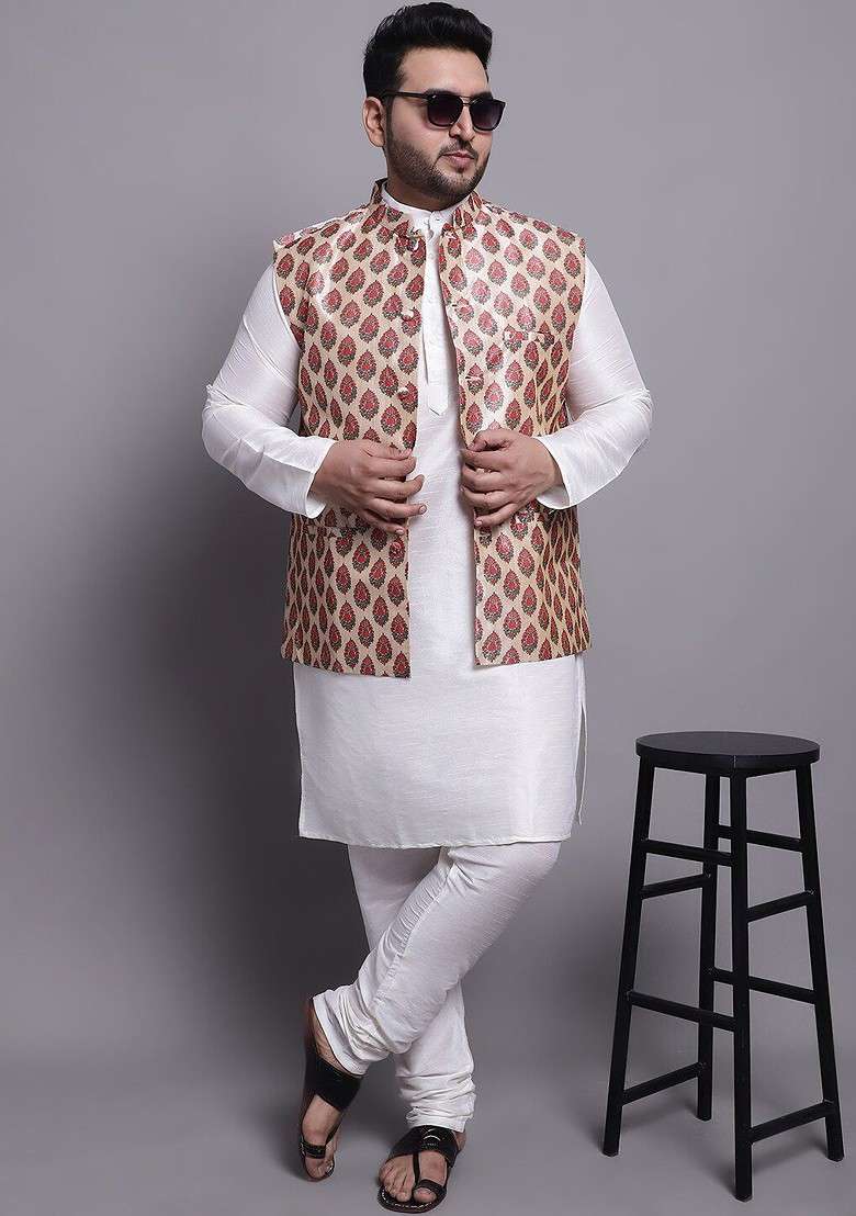 Cream Solid Cotton Kurta Set For Men - Indya