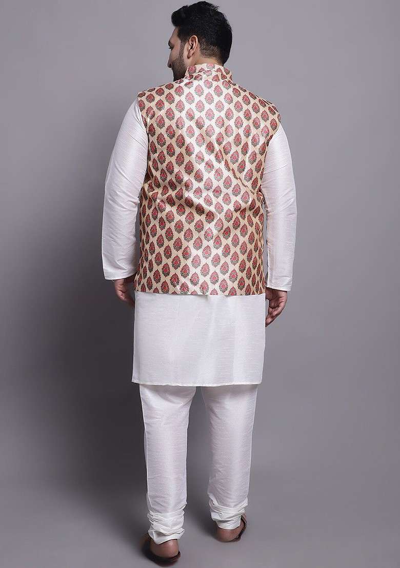 Cream Solid Cotton Kurta Set For Men - Indya