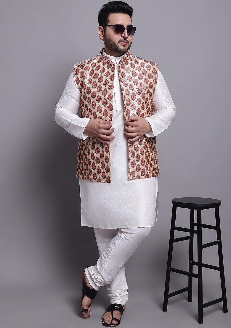 Cream Solid Cotton Kurta Set For Men