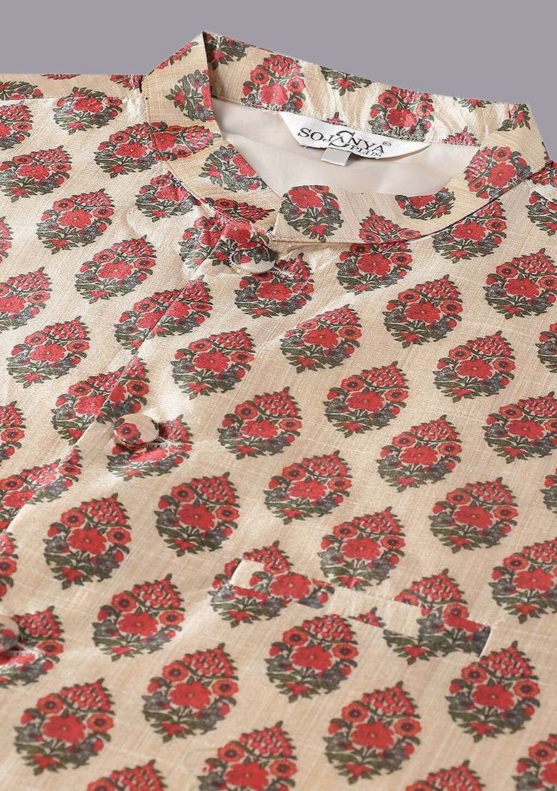 Cream Solid Cotton Kurta Set For Men - Indya